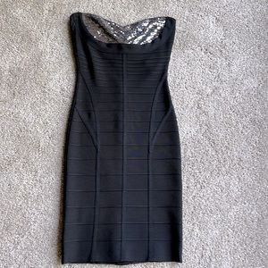 Herve Leger “Bess” Black & Silver Sequin Strapless Dress Size S EUC